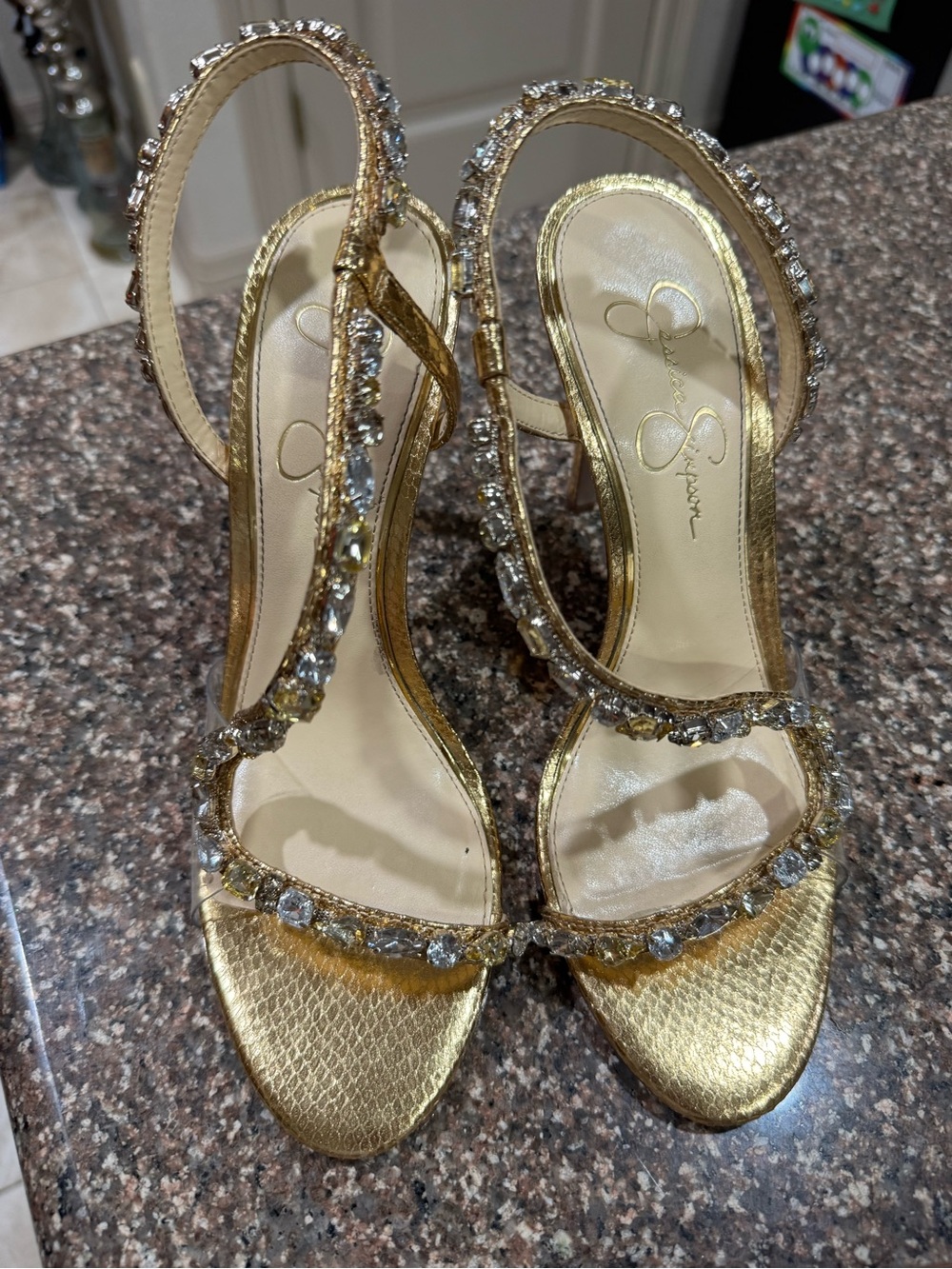 Jessica Simpson Gold Jeweled Strappy Stiletto Sandals - Picture 2 of 4